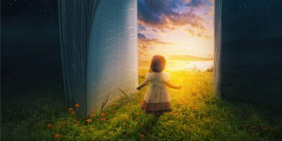 little girl walking through book into heaven